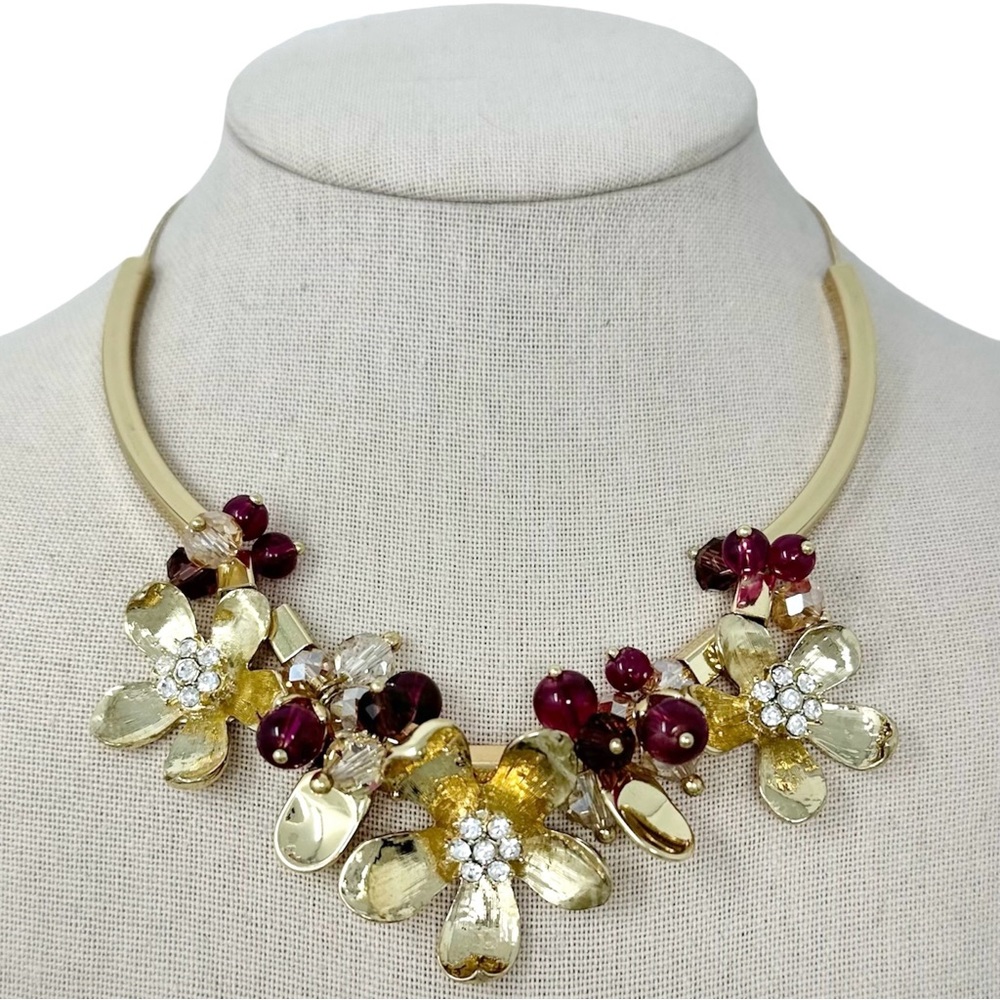 VERA BRADLEY Gold Tone Flower Red Bead Rhinestone Statement Necklace NWT